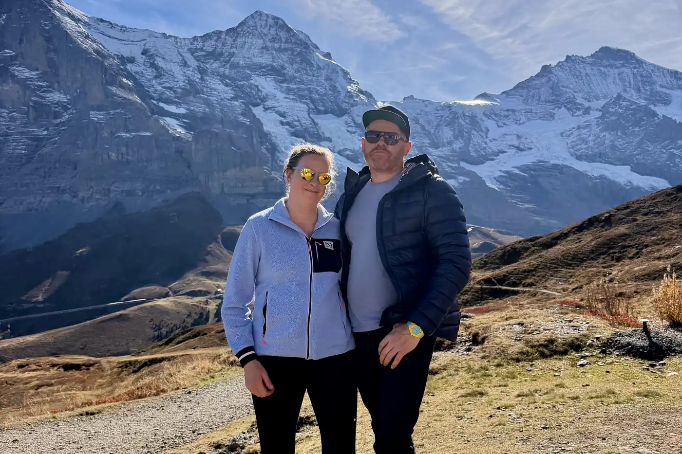 Bryan, who writes the Lauterbrunnen Guide, with his wife on a trail high above the valley in autumn