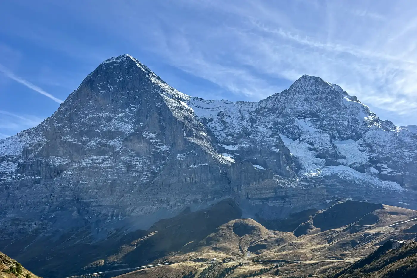 The Eiger and the Mönch on a clear autumn day, seen from the high ground above Lauterbrunnen