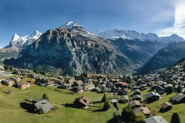 Mürren village on its mountain ledge above the Lauterbrunnen valley, gateway to the Schilthorn skiing